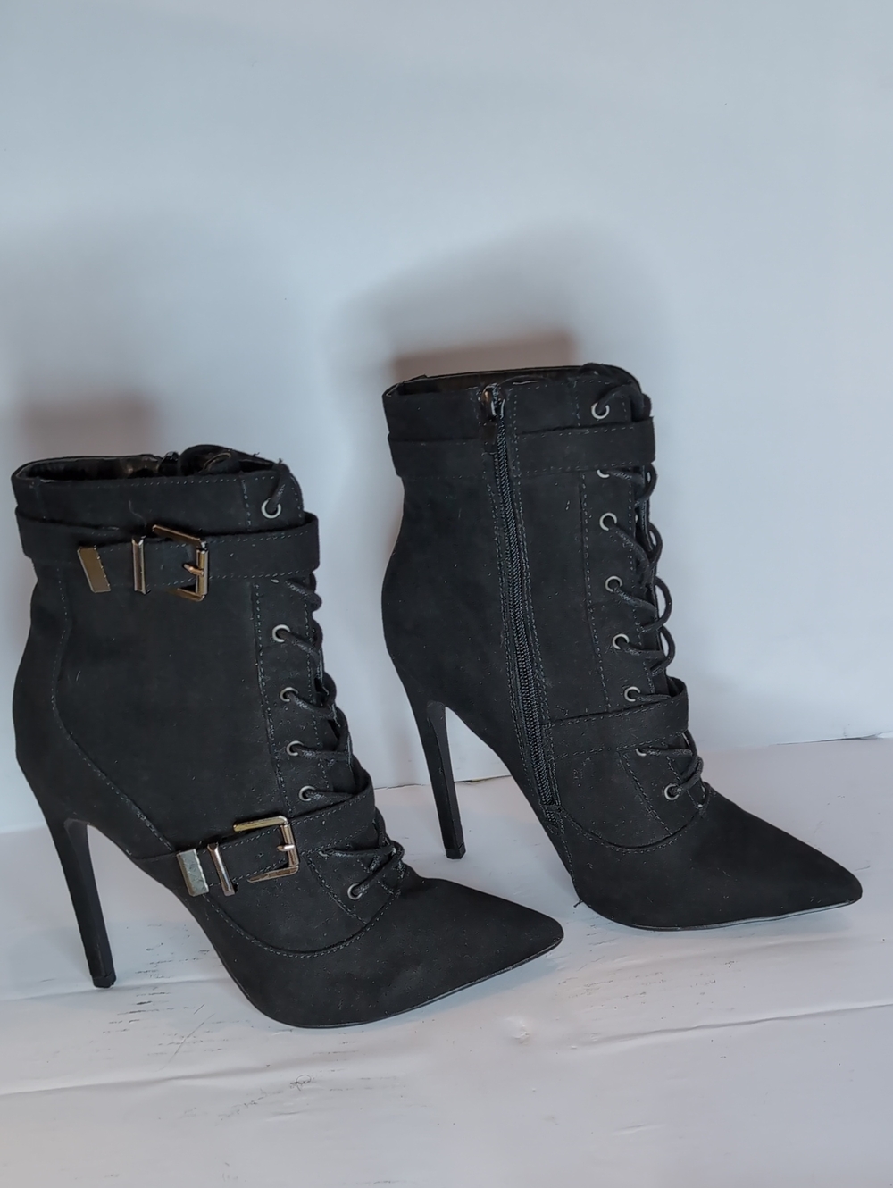 Shoe Dazzle Black Lace-Up Pointed Stiletto Ankle Boots with Buckle